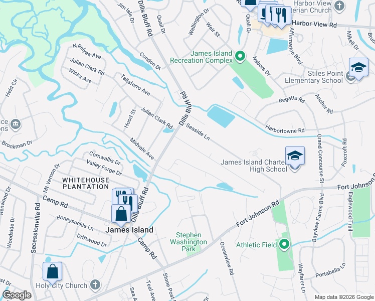 map of restaurants, bars, coffee shops, grocery stores, and more near 1158 Williams Road in Charleston