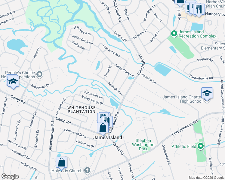 map of restaurants, bars, coffee shops, grocery stores, and more near 1201 Midvale Avenue in Charleston