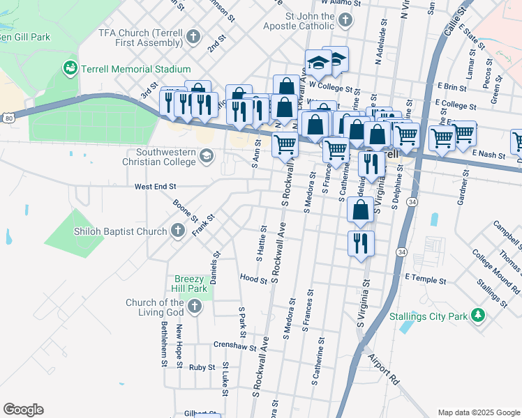 map of restaurants, bars, coffee shops, grocery stores, and more near 605 South Hattie Street in Terrell