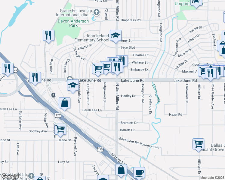 map of restaurants, bars, coffee shops, grocery stores, and more near 1215 North Jim Miller Road in Dallas