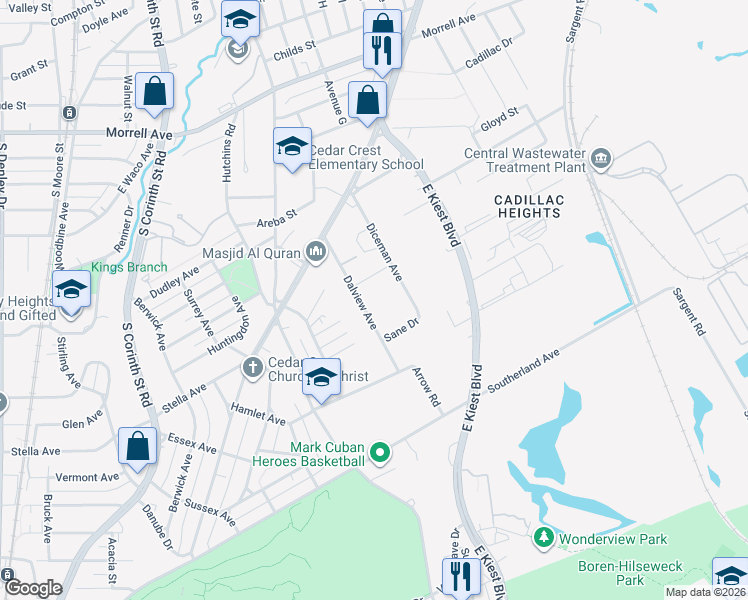 map of restaurants, bars, coffee shops, grocery stores, and more near 1404 Dalview Avenue in Dallas