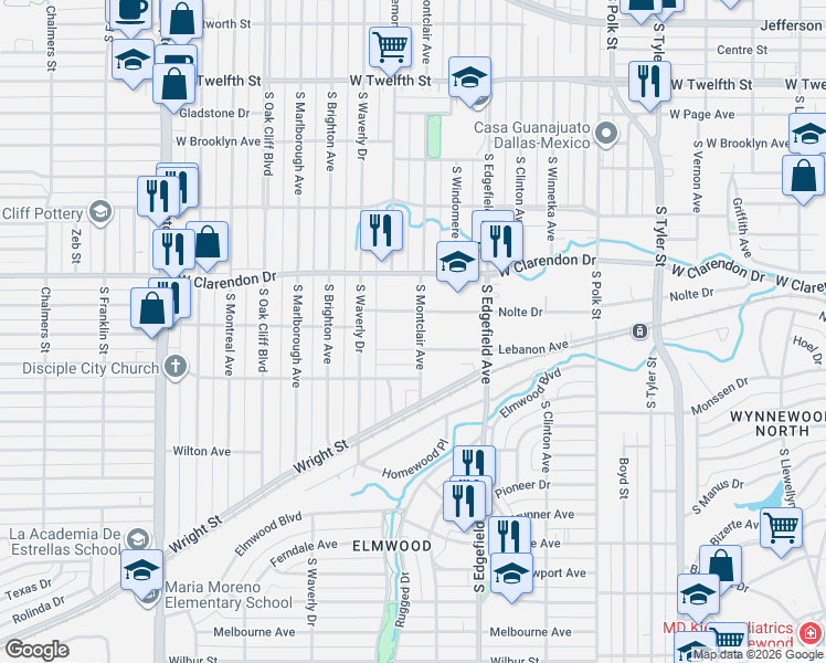 map of restaurants, bars, coffee shops, grocery stores, and more near 1619 Lebanon Avenue in Dallas