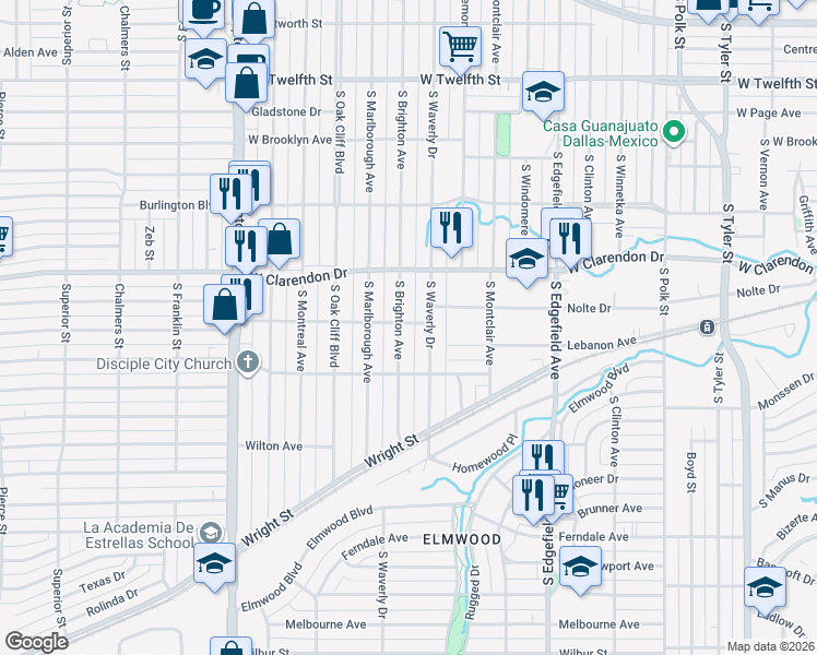 map of restaurants, bars, coffee shops, grocery stores, and more near 1207 South Brighton Avenue in Dallas