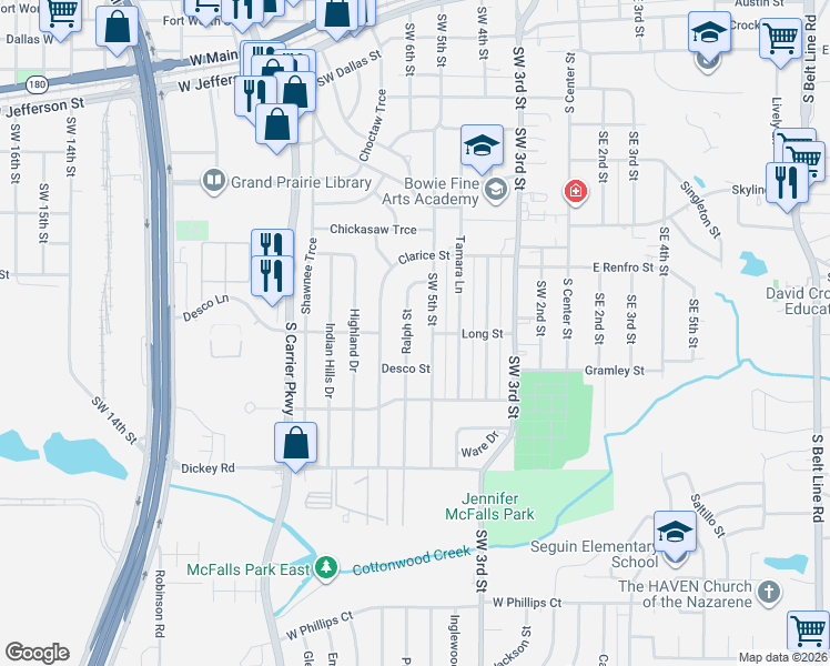 map of restaurants, bars, coffee shops, grocery stores, and more near 1002 Southwest 5th Street in Grand Prairie