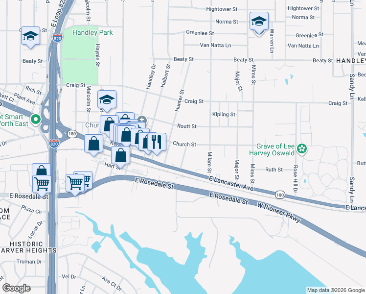 map of restaurants, bars, coffee shops, grocery stores, and more near 3100 Chilton Street in Fort Worth