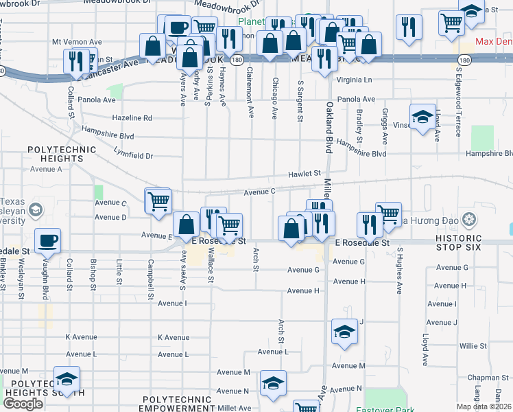 map of restaurants, bars, coffee shops, grocery stores, and more near 1016 Chicago Avenue in Fort Worth