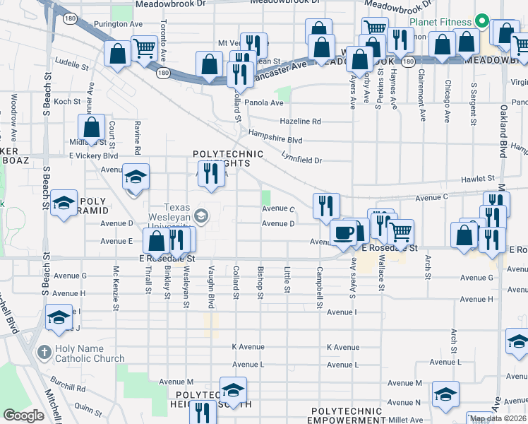 map of restaurants, bars, coffee shops, grocery stores, and more near 3400 Avenue C in Fort Worth