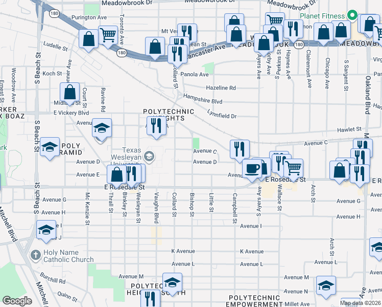 map of restaurants, bars, coffee shops, grocery stores, and more near 3400 Avenue C in Fort Worth