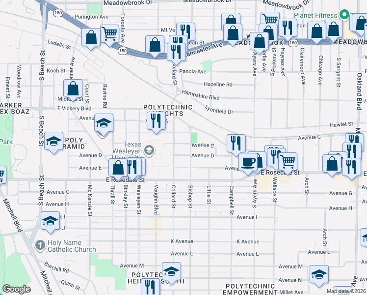 map of restaurants, bars, coffee shops, grocery stores, and more near 3400 Avenue C in Fort Worth