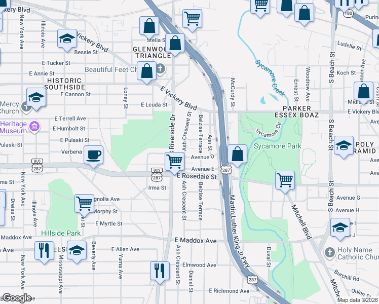 map of restaurants, bars, coffee shops, grocery stores, and more near 1027 Ash Crescent Street in Fort Worth