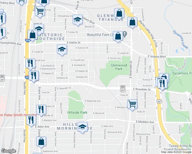 map of restaurants, bars, coffee shops, grocery stores, and more near 1312 Verbena Street in Fort Worth