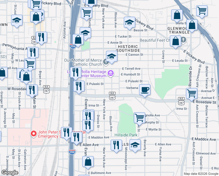 map of restaurants, bars, coffee shops, grocery stores, and more near 1007 Verbena Street in Fort Worth