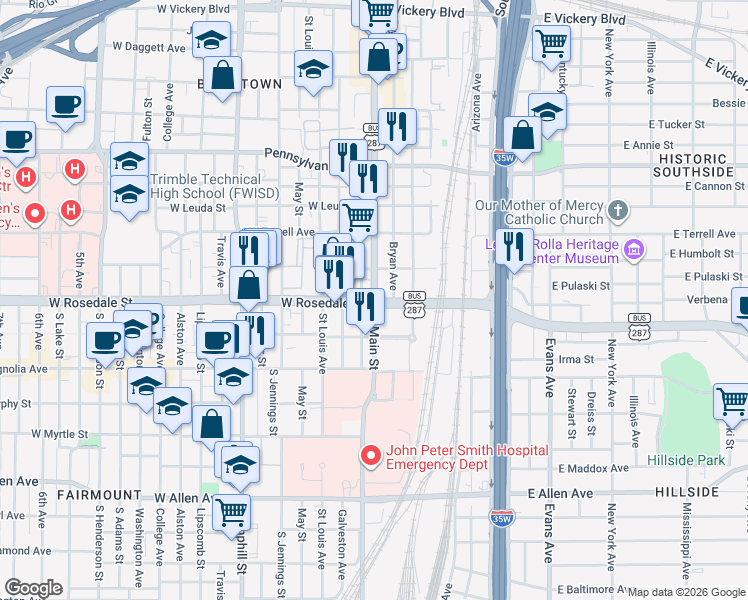 map of restaurants, bars, coffee shops, grocery stores, and more near 1085 South Main Street in Fort Worth