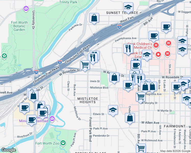 map of restaurants, bars, coffee shops, grocery stores, and more near 2229 West Rosedale Street in Fort Worth