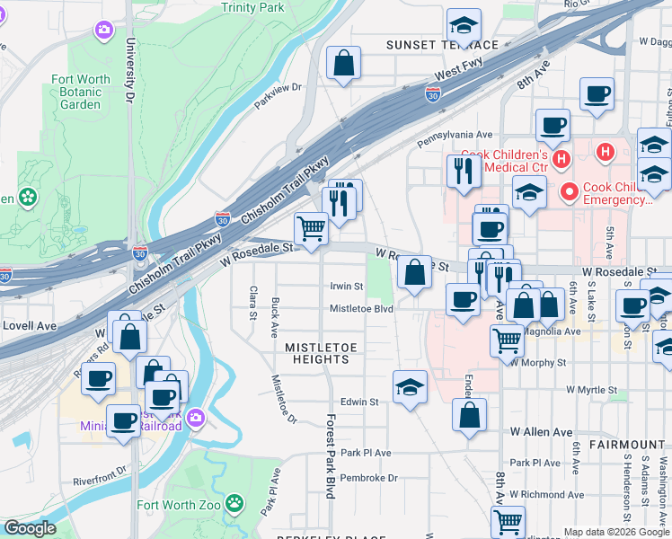 map of restaurants, bars, coffee shops, grocery stores, and more near 2229 West Rosedale Street in Fort Worth