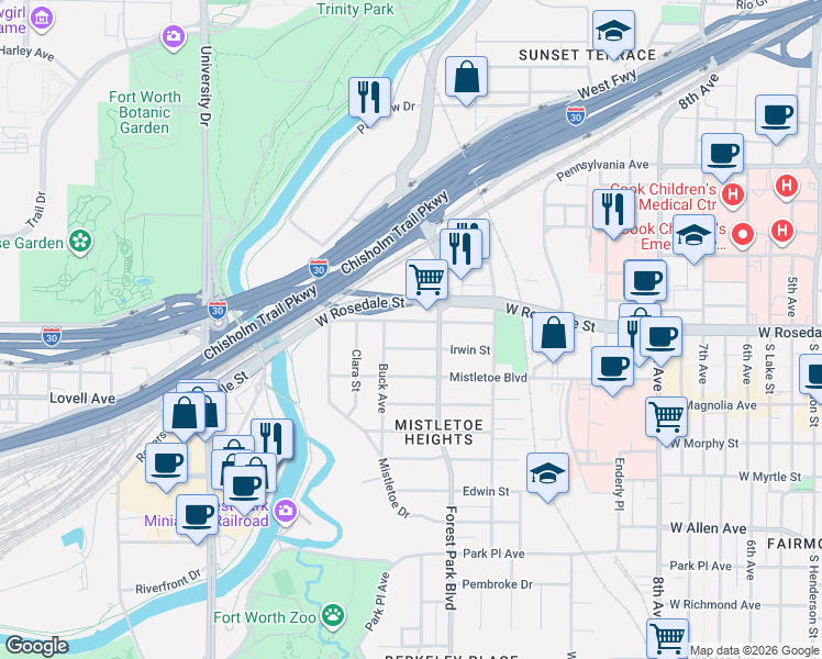 map of restaurants, bars, coffee shops, grocery stores, and more near 2315 West Rosedale Street in Fort Worth