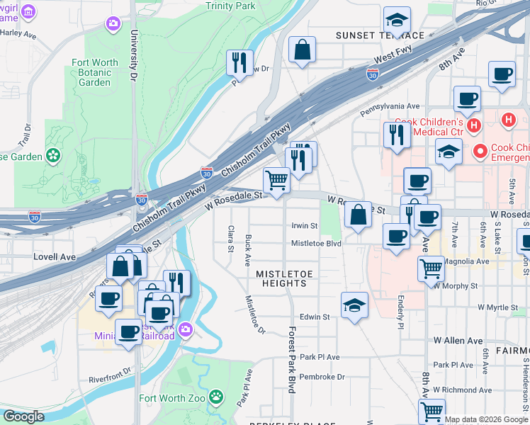 map of restaurants, bars, coffee shops, grocery stores, and more near 2315 West Rosedale Street in Fort Worth