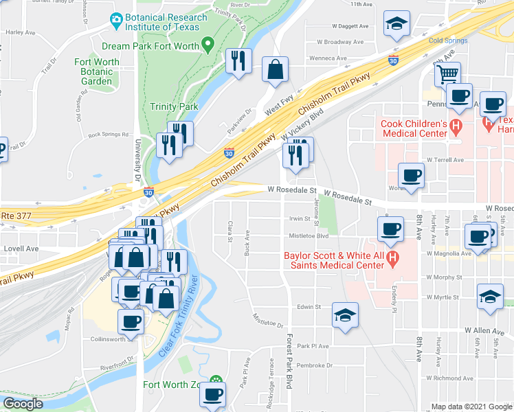 map of restaurants, bars, coffee shops, grocery stores, and more near 2339 West Rosedale Street in Fort Worth
