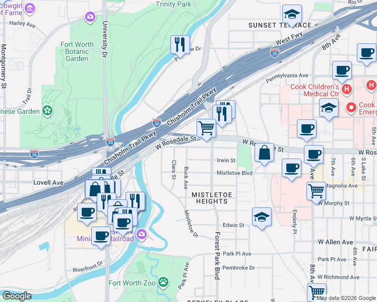 map of restaurants, bars, coffee shops, grocery stores, and more near 2339 West Rosedale Street in Fort Worth