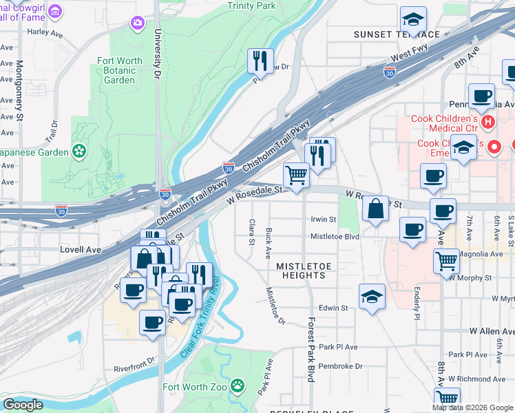 map of restaurants, bars, coffee shops, grocery stores, and more near 2339 West Rosedale Street in Fort Worth