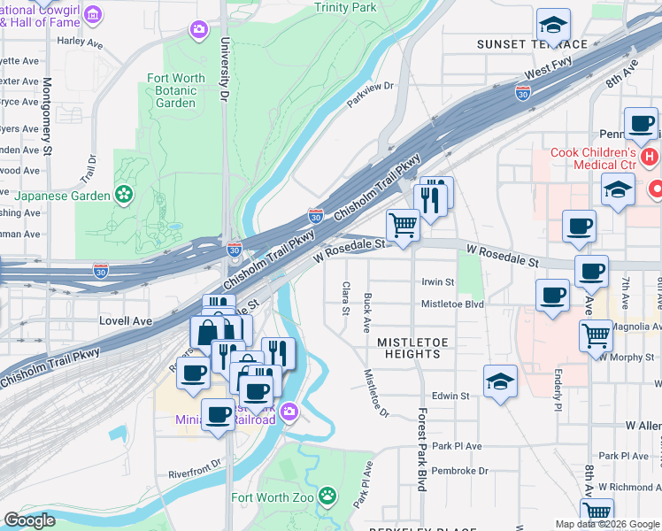 map of restaurants, bars, coffee shops, grocery stores, and more near 1108 Clara Street in Fort Worth