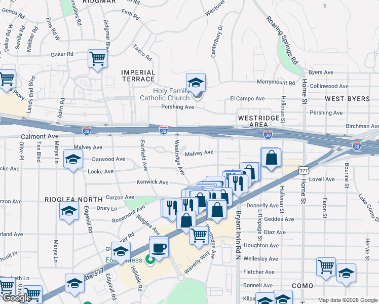 map of restaurants, bars, coffee shops, grocery stores, and more near 6140 Malvey Avenue in Fort Worth