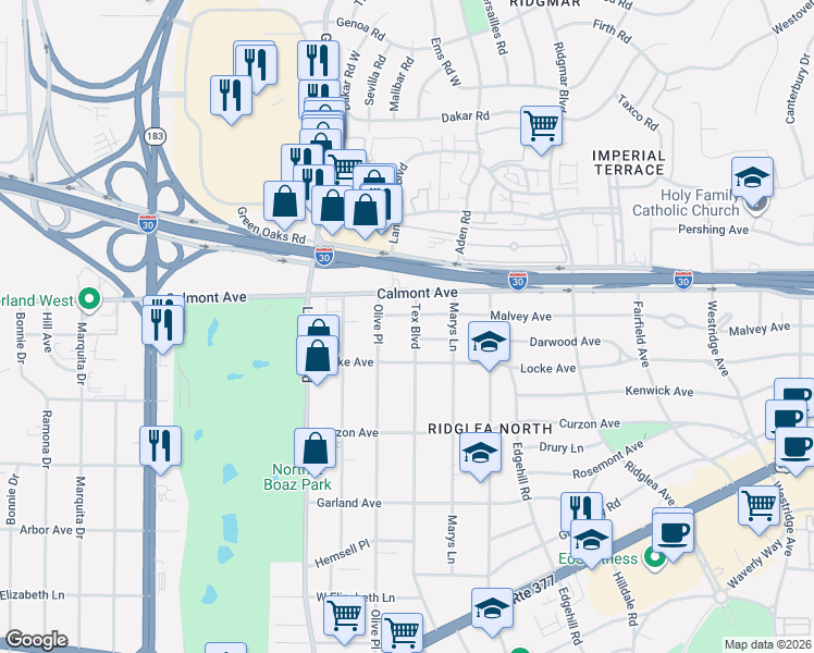 map of restaurants, bars, coffee shops, grocery stores, and more near 6609 Malvey Avenue in Fort Worth