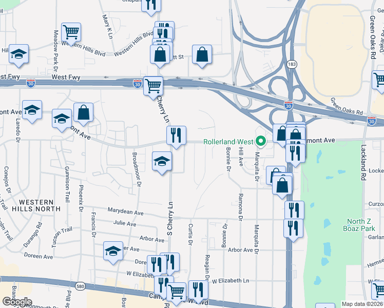 map of restaurants, bars, coffee shops, grocery stores, and more near 2816 Sierra Drive in Fort Worth