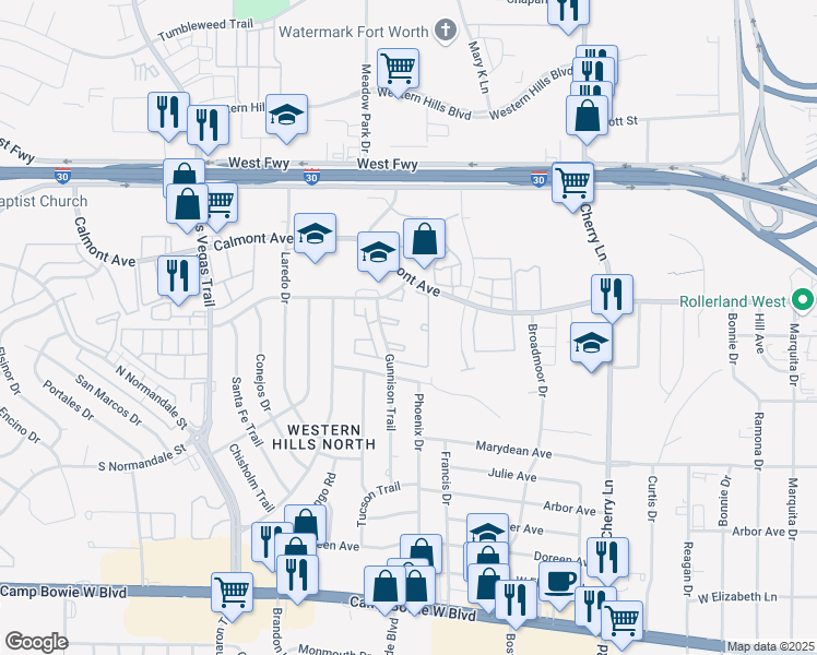 map of restaurants, bars, coffee shops, grocery stores, and more near 2928 Phoenix Drive in Fort Worth