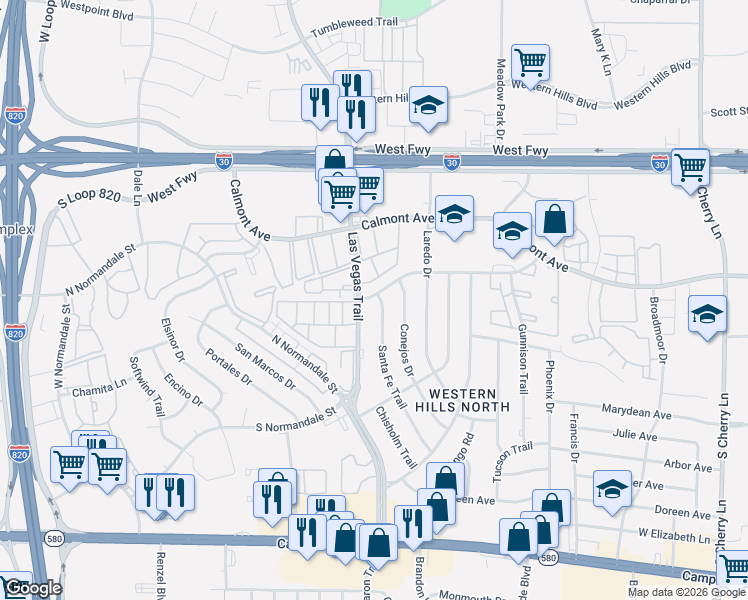map of restaurants, bars, coffee shops, grocery stores, and more near 2908 Santa Fe Trail in Fort Worth