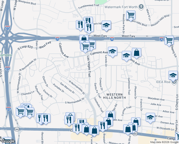 map of restaurants, bars, coffee shops, grocery stores, and more near 8616 Las Vegas Court in Fort Worth
