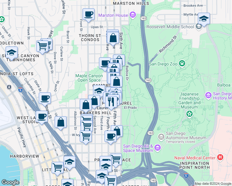 map of restaurants, bars, coffee shops, grocery stores, and more near 2665 Fifth Avenue in San Diego