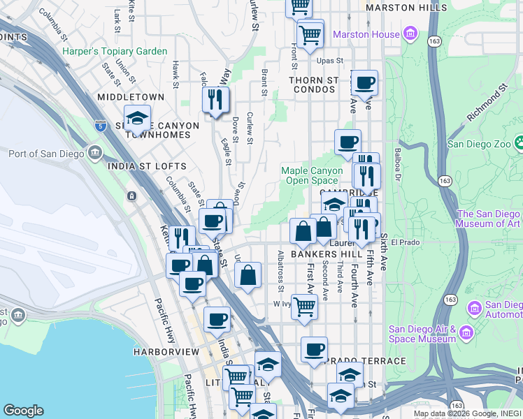 map of restaurants, bars, coffee shops, grocery stores, and more near 415 West Nutmeg Street in San Diego