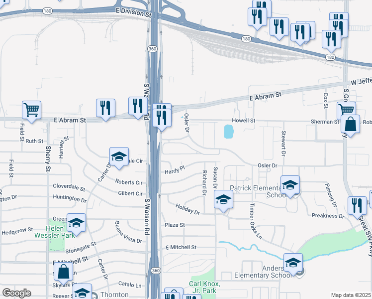 map of restaurants, bars, coffee shops, grocery stores, and more near 2700 Prairie Oaks Drive in Arlington
