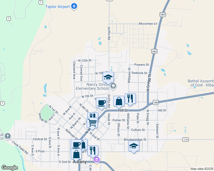 map of restaurants, bars, coffee shops, grocery stores, and more near 732 Griffin Road in Albany