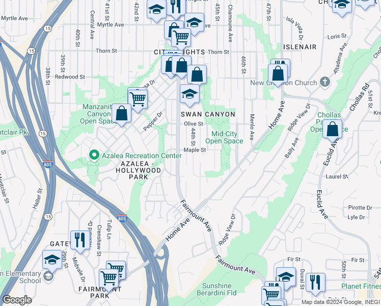 map of restaurants, bars, coffee shops, grocery stores, and more near 4395 Maple Street in San Diego