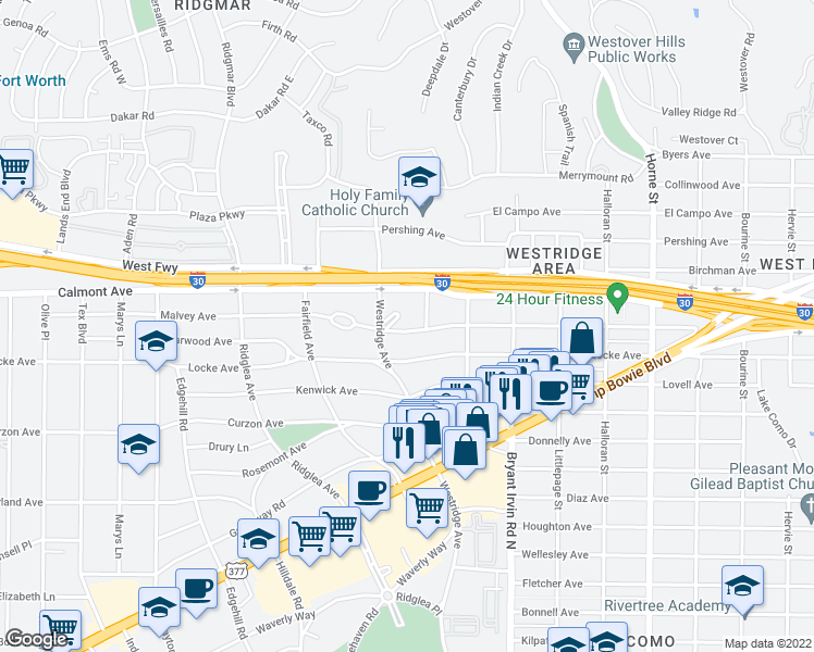 map of restaurants, bars, coffee shops, grocery stores, and more near 6140 Malvey Avenue in Fort Worth