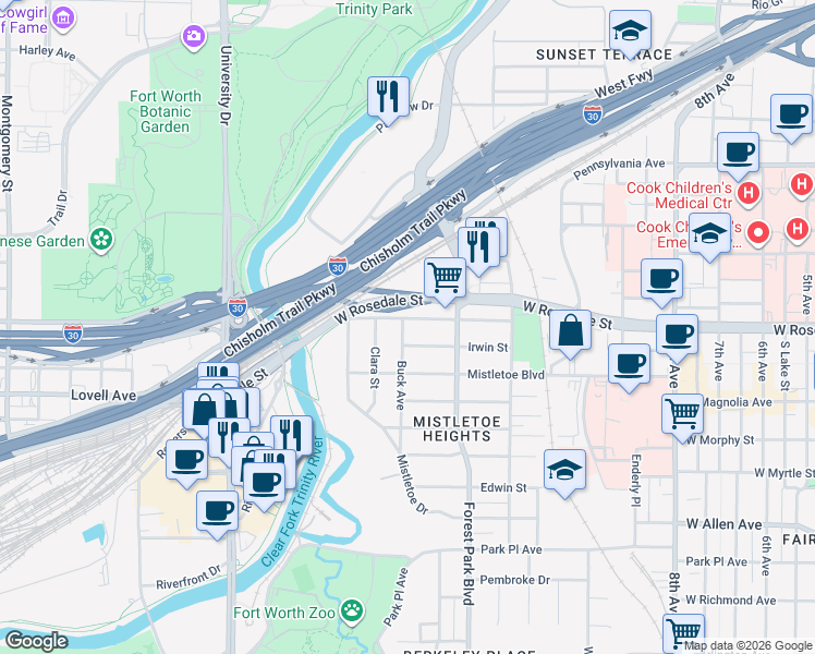 map of restaurants, bars, coffee shops, grocery stores, and more near 2339 West Rosedale Street in Fort Worth