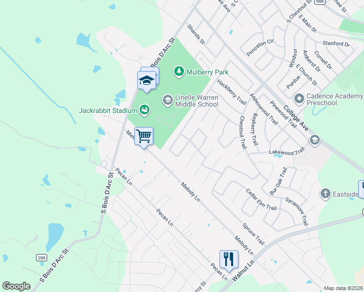 map of restaurants, bars, coffee shops, grocery stores, and more near 422 Sweetgum Trail in Forney