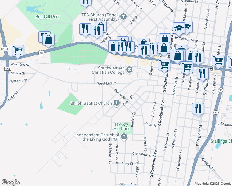 map of restaurants, bars, coffee shops, grocery stores, and more near 304 Mineral Wells Street in Terrell