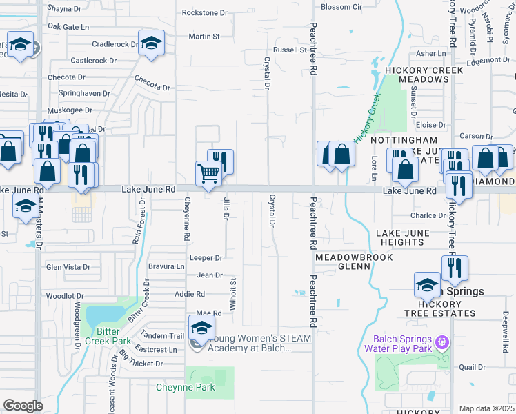 map of restaurants, bars, coffee shops, grocery stores, and more near 2618 Cottonwood Lane in Balch Springs