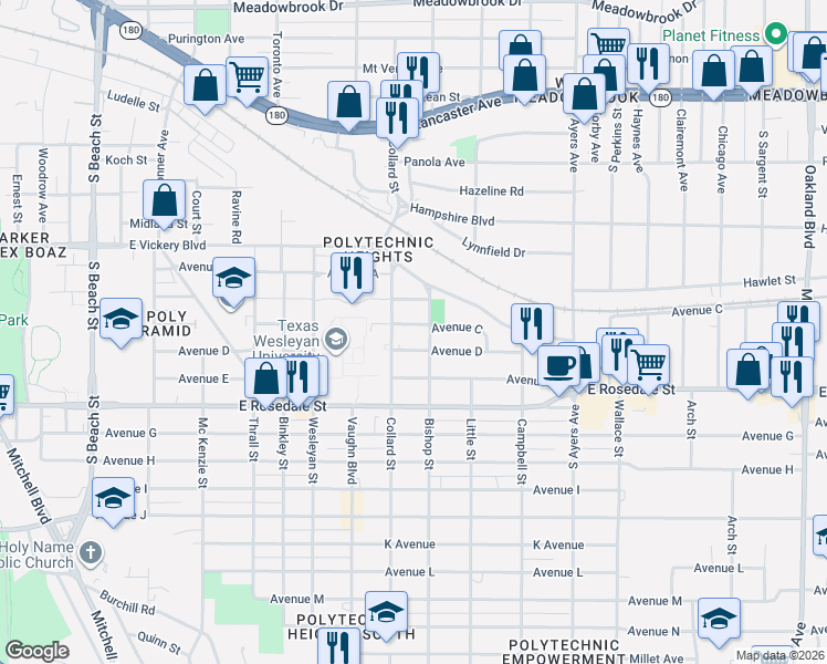 map of restaurants, bars, coffee shops, grocery stores, and more near 1101-1199 Bishop Street in Fort Worth