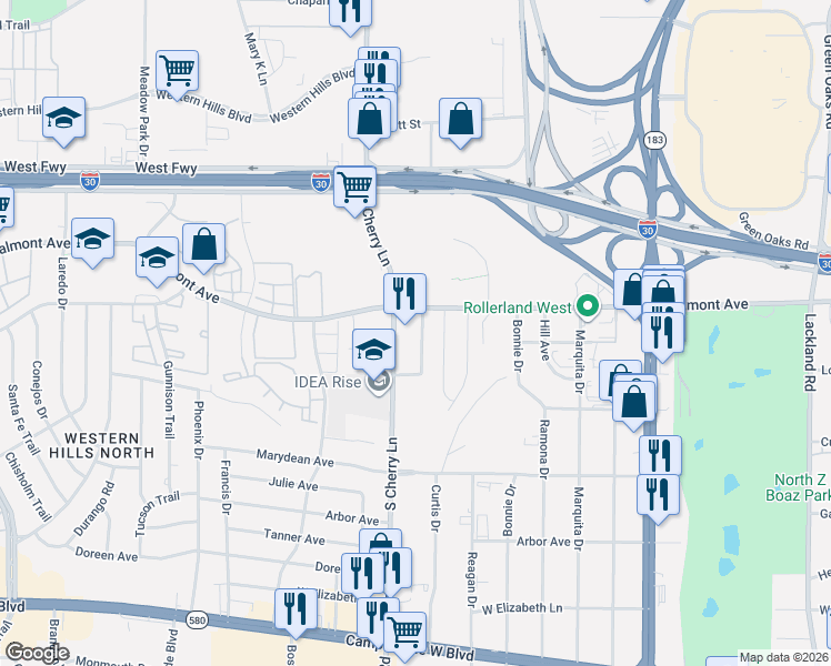 map of restaurants, bars, coffee shops, grocery stores, and more near 2815 South Cherry Lane in Fort Worth