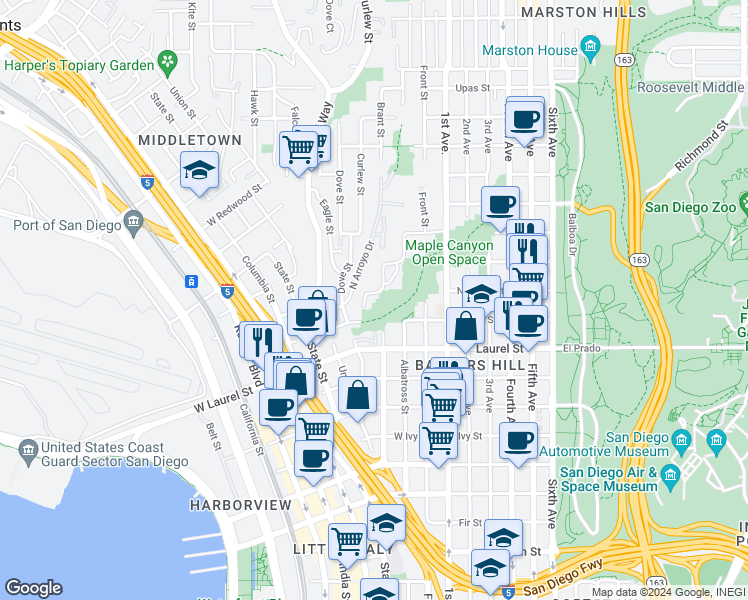 map of restaurants, bars, coffee shops, grocery stores, and more near 415 West Nutmeg Street in San Diego