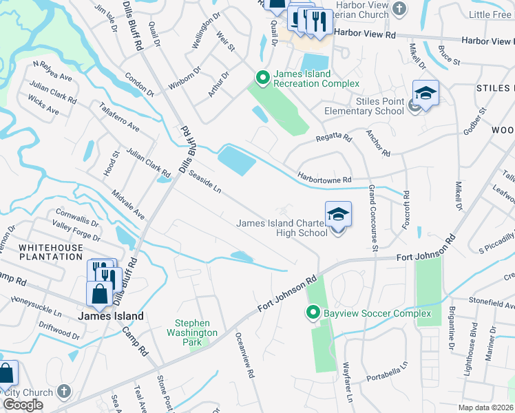 map of restaurants, bars, coffee shops, grocery stores, and more near 1068 Seaside Lane in Charleston