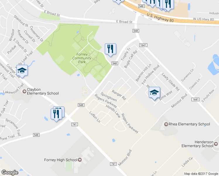 map of restaurants, bars, coffee shops, grocery stores, and more near 313 Westlake Drive in Forney