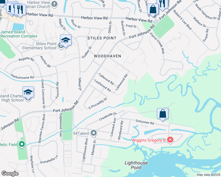 map of restaurants, bars, coffee shops, grocery stores, and more near 776 Larkwood Road in Charleston