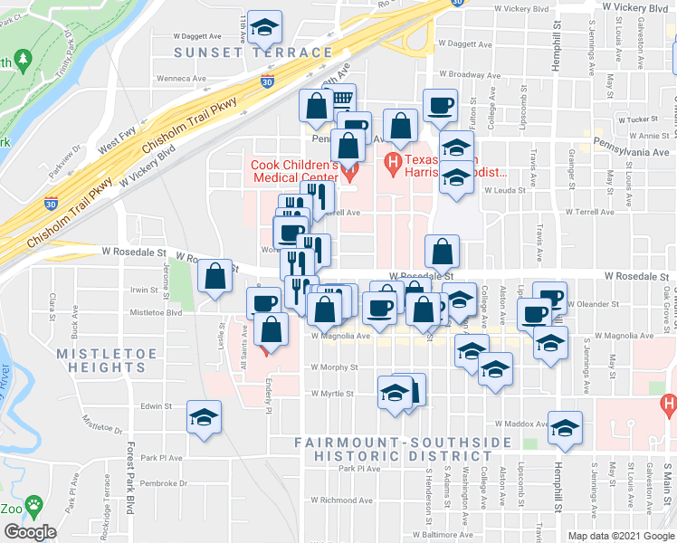 map of restaurants, bars, coffee shops, grocery stores, and more near 7th Avenue in Fort Worth