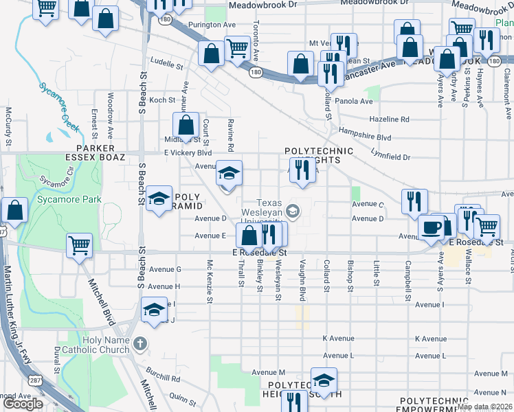 map of restaurants, bars, coffee shops, grocery stores, and more near 2920 Avenue C in Fort Worth