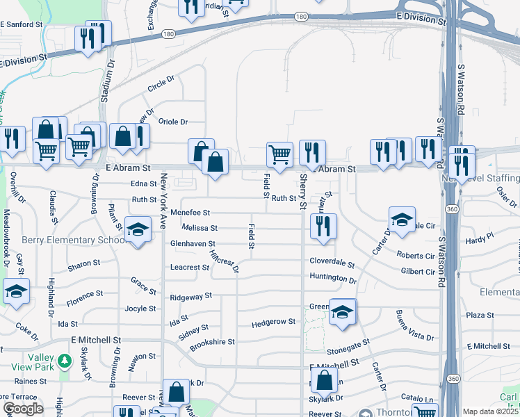 map of restaurants, bars, coffee shops, grocery stores, and more near 2029 Menefee Street in Arlington